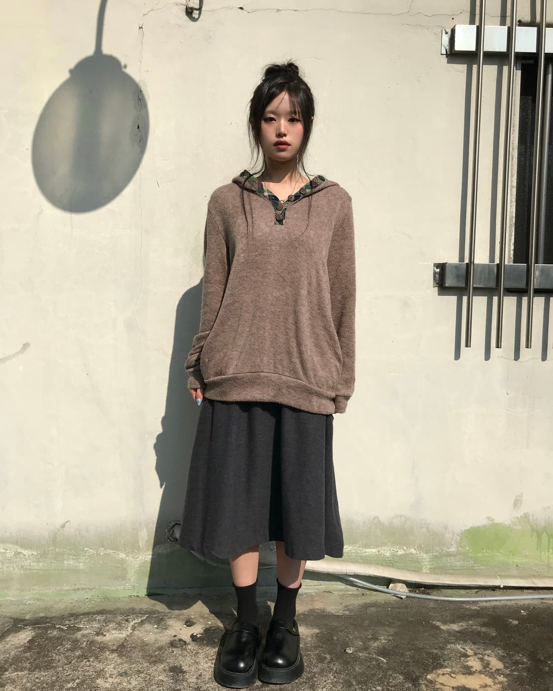 그린 체크 니트 후드 상품이미지1