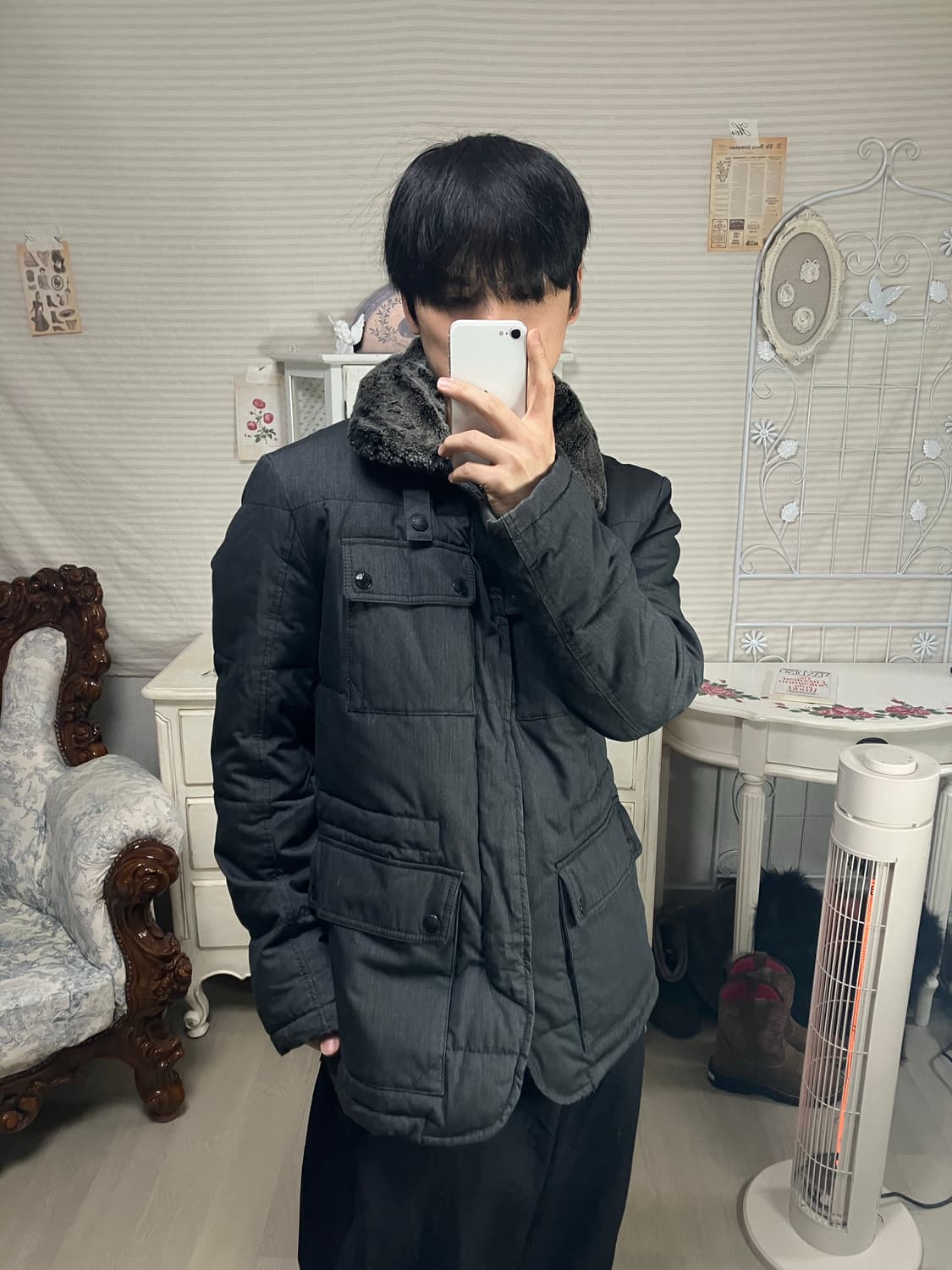 빈티지 자라 맨 차콜 넥 퍼 패딩 o-836 y2k 스트릿 모리 갸루 일 상품이미지2