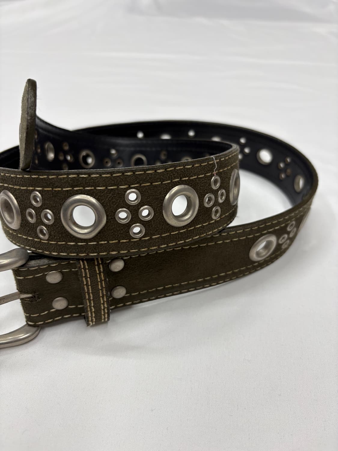 빈티지 펀칭 아일렛 카키 웨스턴 레더 벨트 상품이미지2