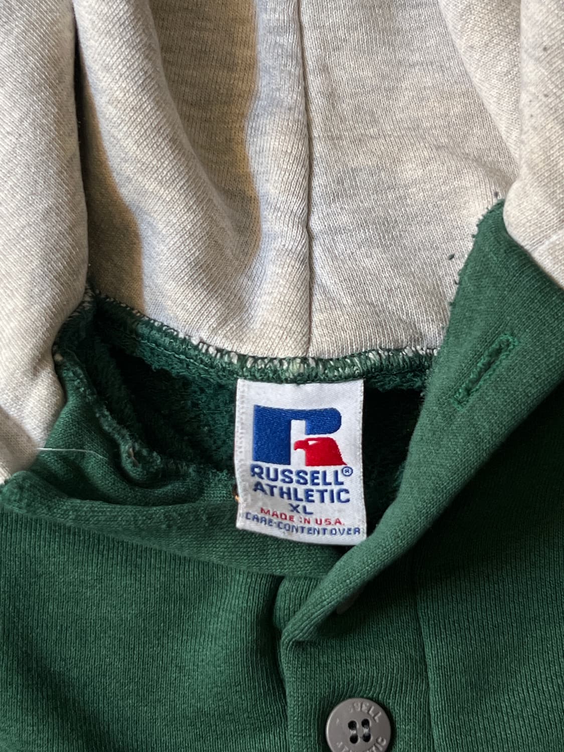 [XL]90's 러셀 Made in USA 빈티지 그린 버튼 후드 티셔츠 상품이미지3