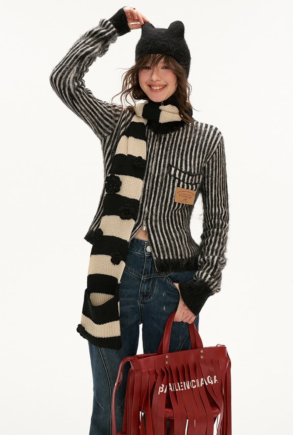 Kitty Hooded Striped Zip-Up Cardigan  상품이미지4