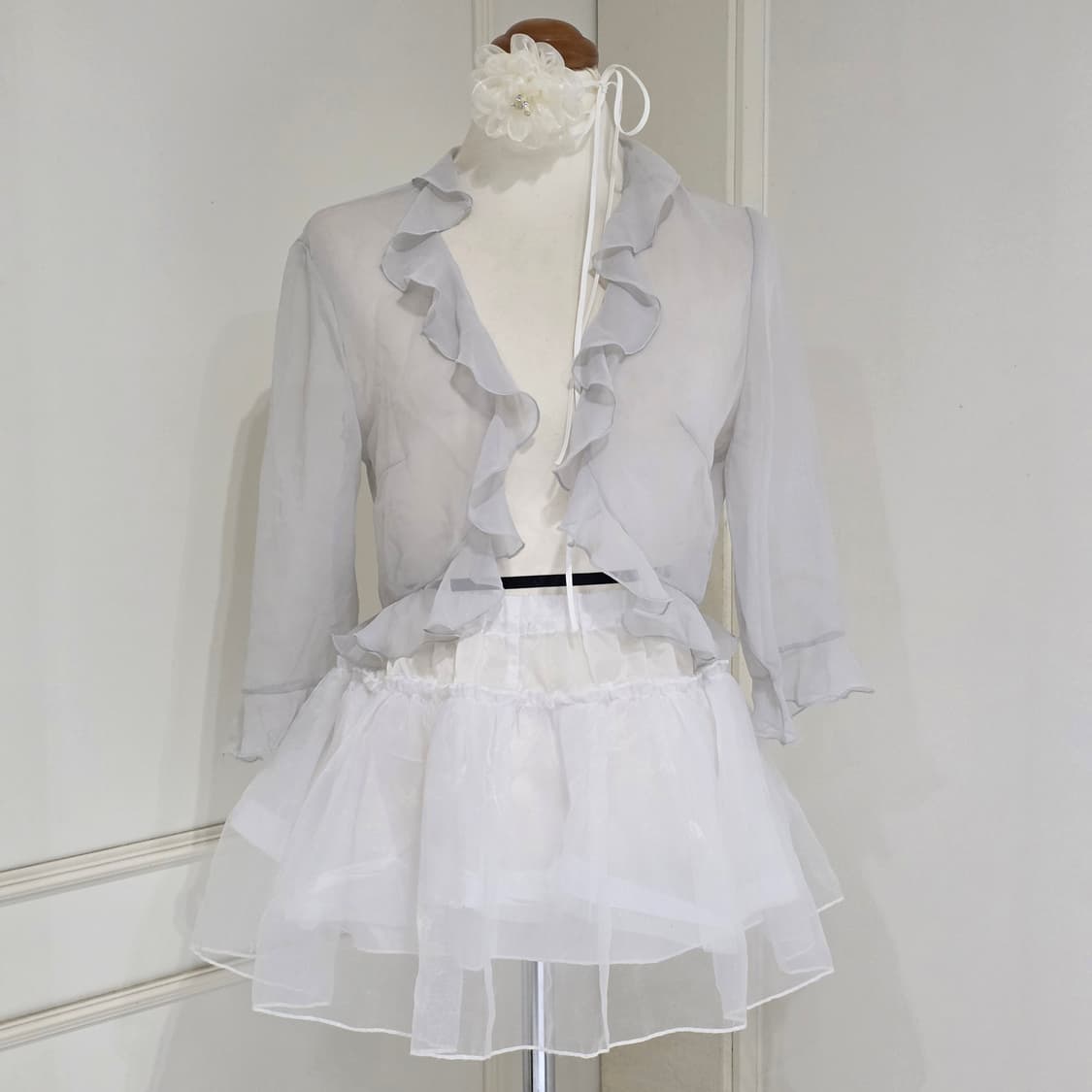 일본빈티지) 그레이 히메갸루st 시스루 프릴 로맨틱 볼레로가디건 상품이미지1