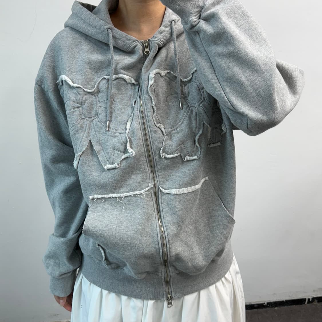 유희 그레이 리본 후드집업 상품이미지1