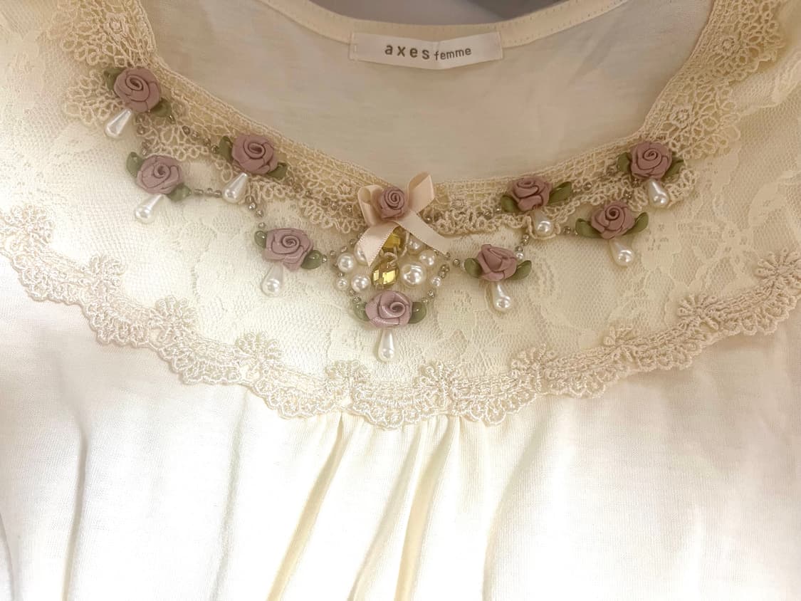 엑시즈팜 플라워 큐빅 리본 레이스 롱슬리브 긴팔 로걀탑 히메갸루 빈티지 상품이미지2