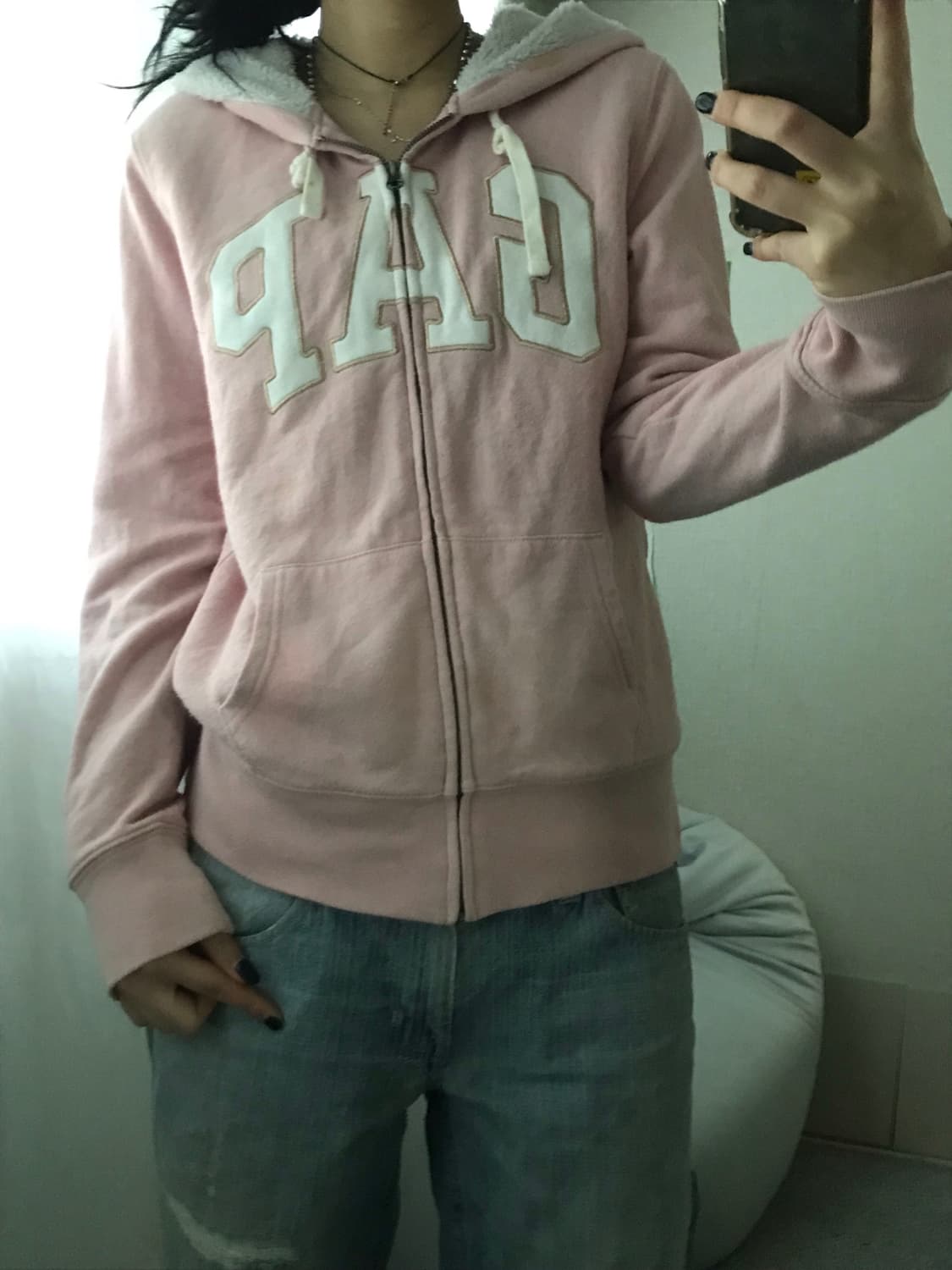 갭 연핑크 퍼후드집업 상품이미지6