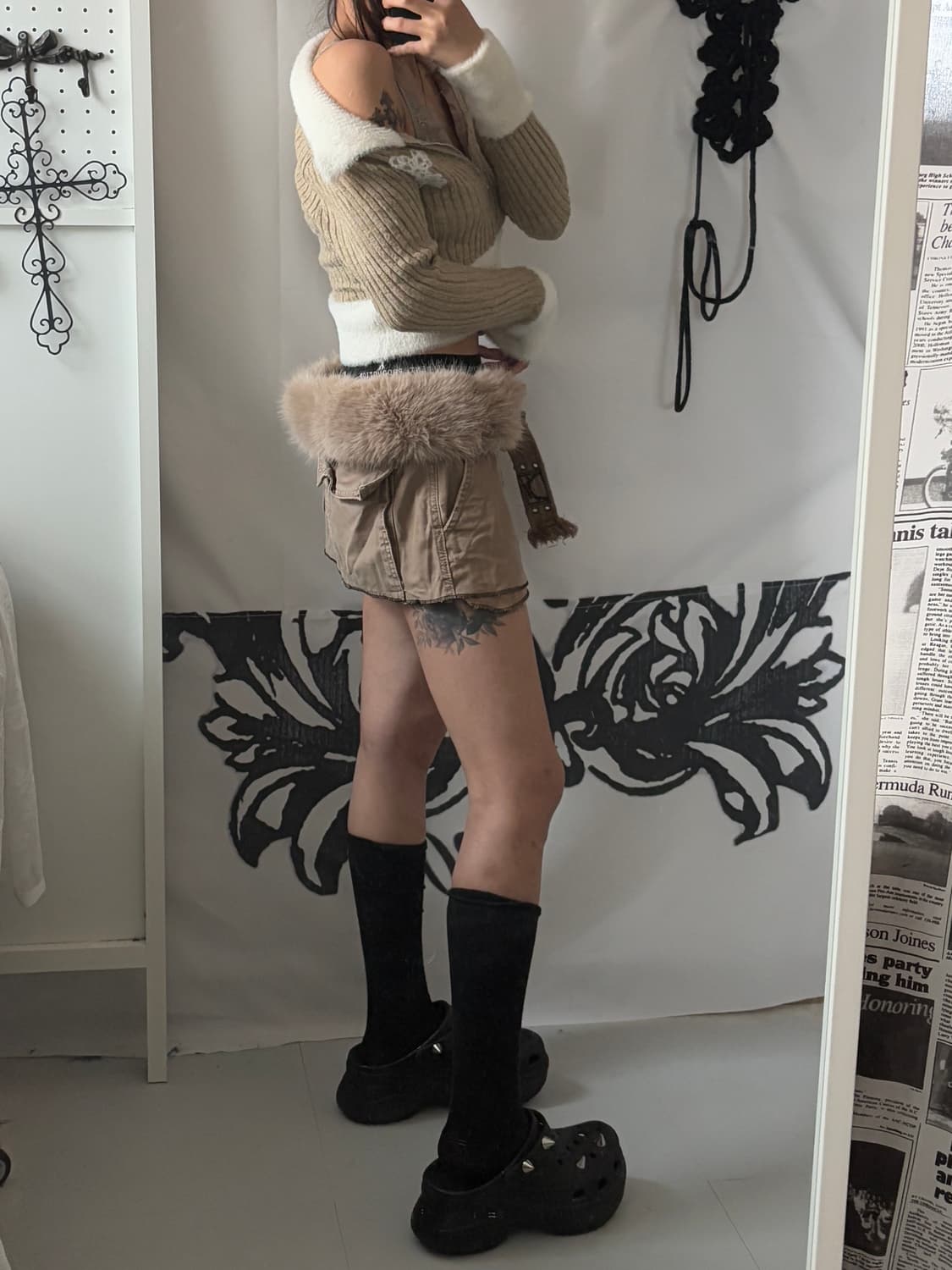 • hurtremake Beige Fur Belt Cross-printe 상품이미지6