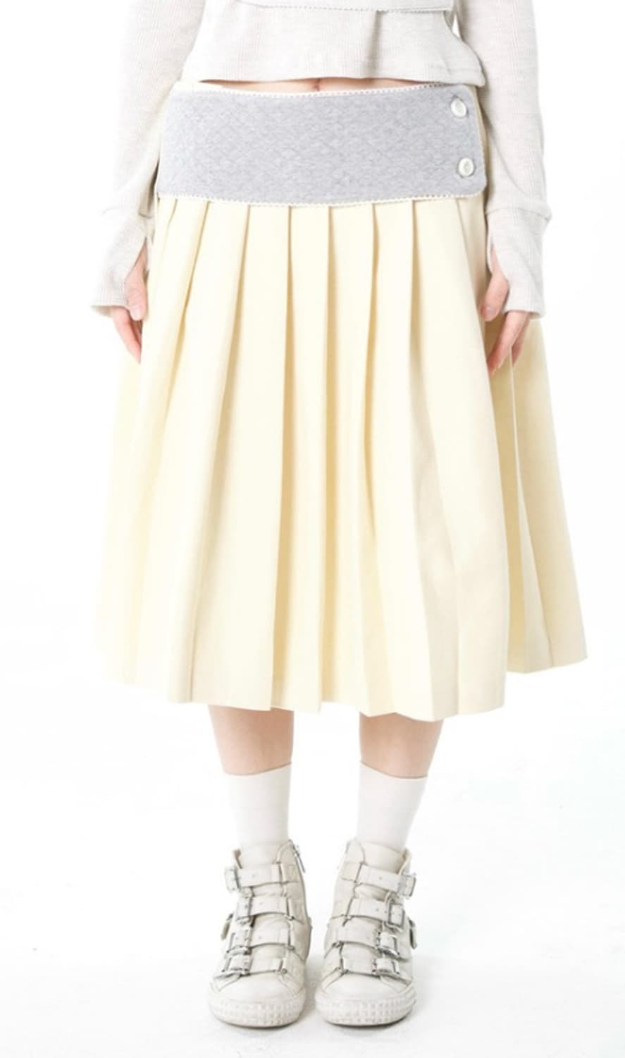 오스하이 oshigh 밴드 플리츠 스커트 베이비 옐로우 상품이미지1