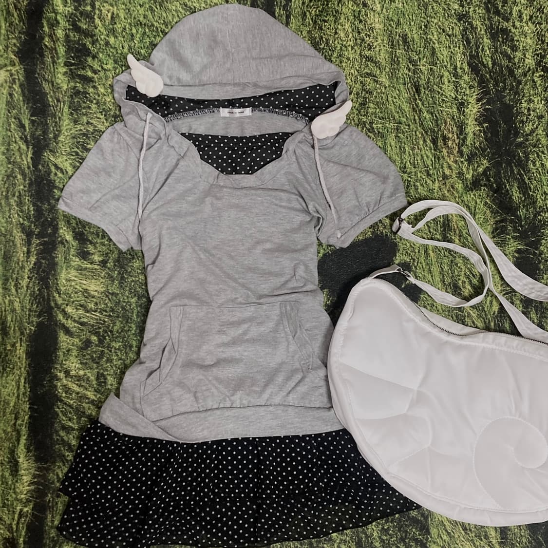 빈티지 도트 그레이 레이어드 반팔 후드 도쿄걸 모리걸 너드 코이세이오 상품이미지1