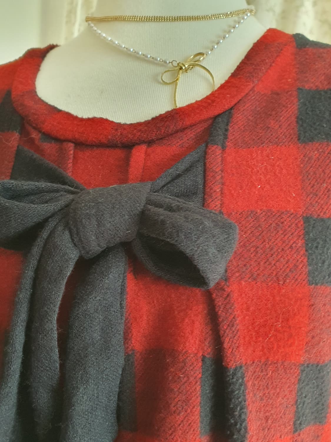 [모리걸] 레드 체크 리본 반팔 원피스 상품이미지2