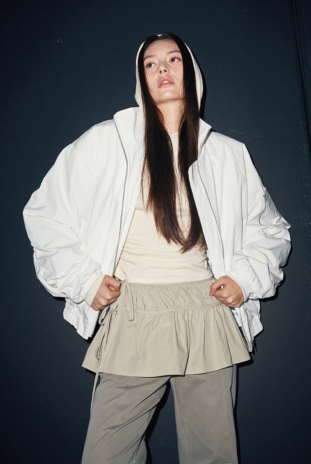 슬로우가먼츠 하이넥 지퍼 포켓 봄버자켓 ma-1 화이트 상품이미지8