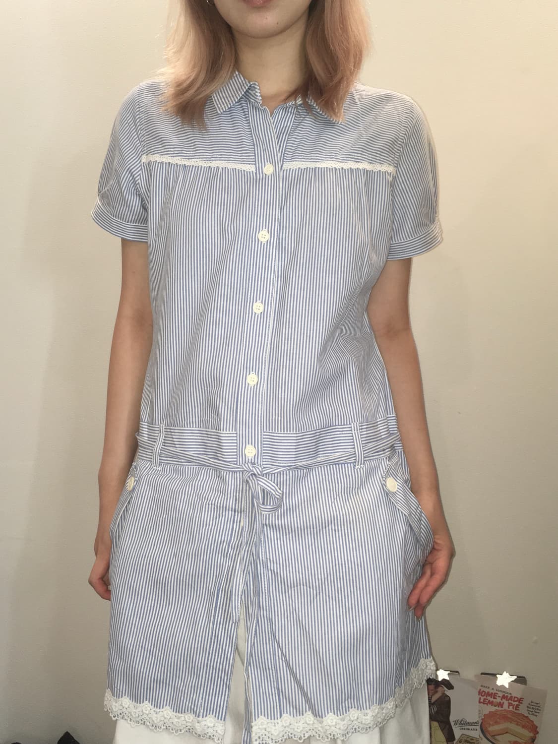jpn vintage 블루 스트라이프 레이스 원피스 상품이미지1