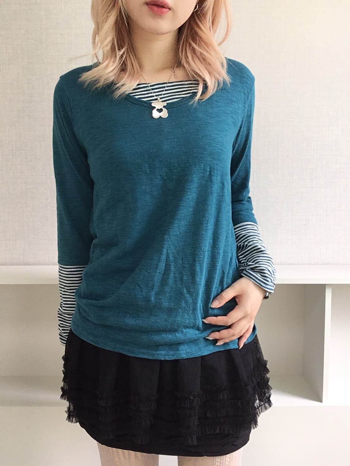 -jpn vintage bluegreen stripe shirring l 상품이미지2