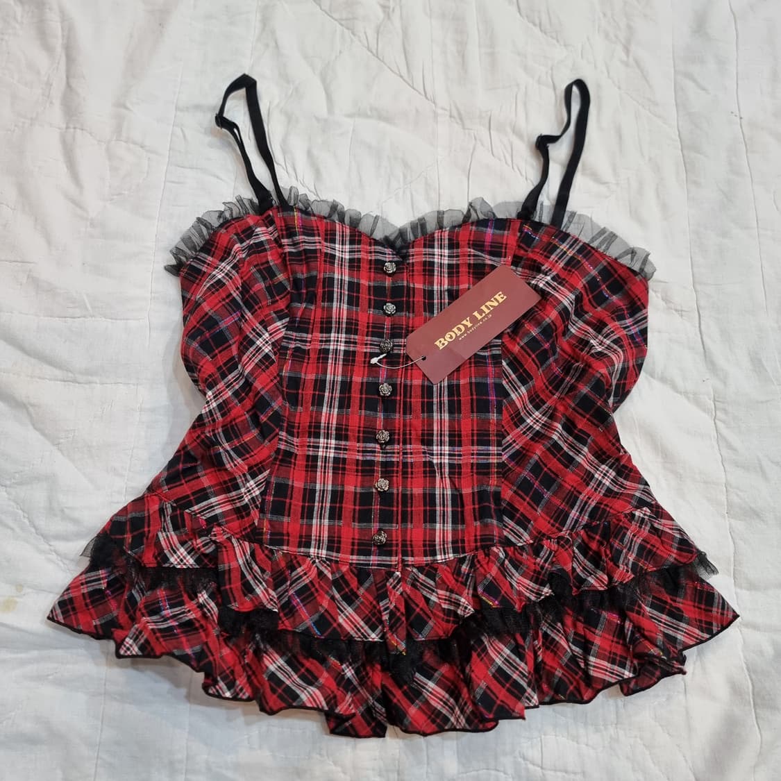 BODY LINE 레드 체크 프릴 코르셋 탑 상품이미지1