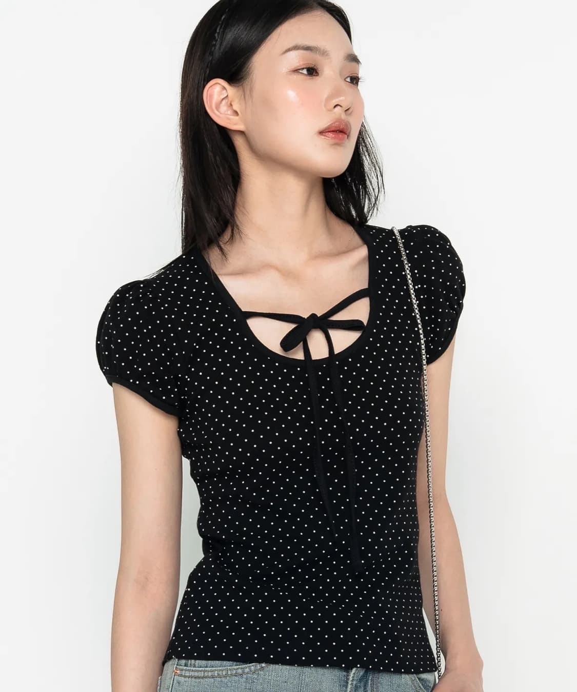 하이스쿨디스코 퍼프소매 도트 리본 숏 슬리브 티셔츠 블랙 상품이미지3