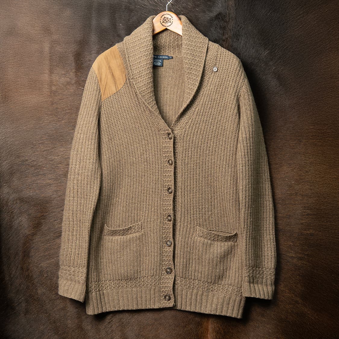 [우먼스 L] 랄프로렌 울 캐시미어 스웨이드 패치 숄카라 가디건  상품이미지1