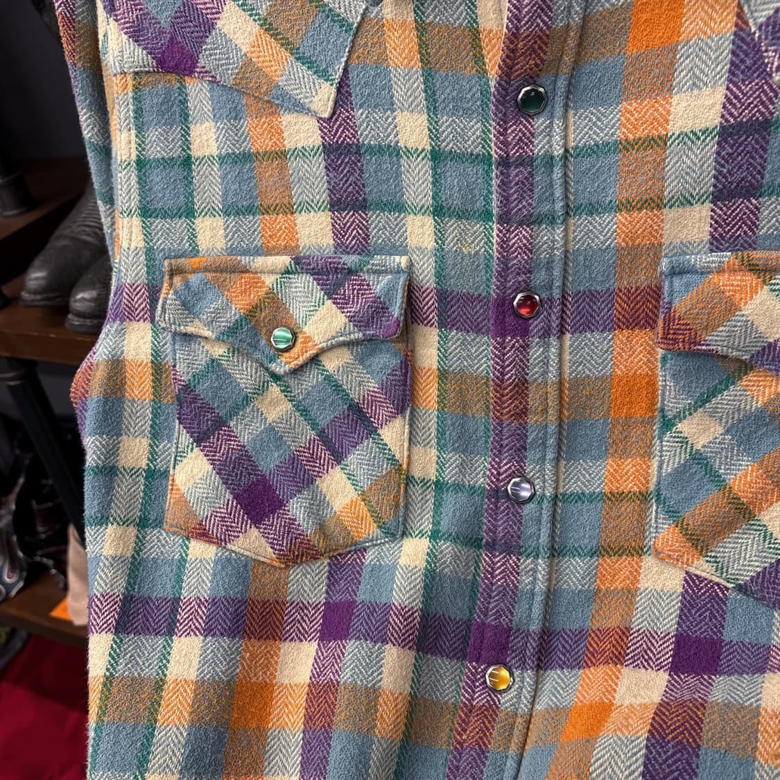 90s 리 유니온메이드 헤비플란넬 웨스턴 체크셔츠 젬스톤스냅 N870 상품이미지7