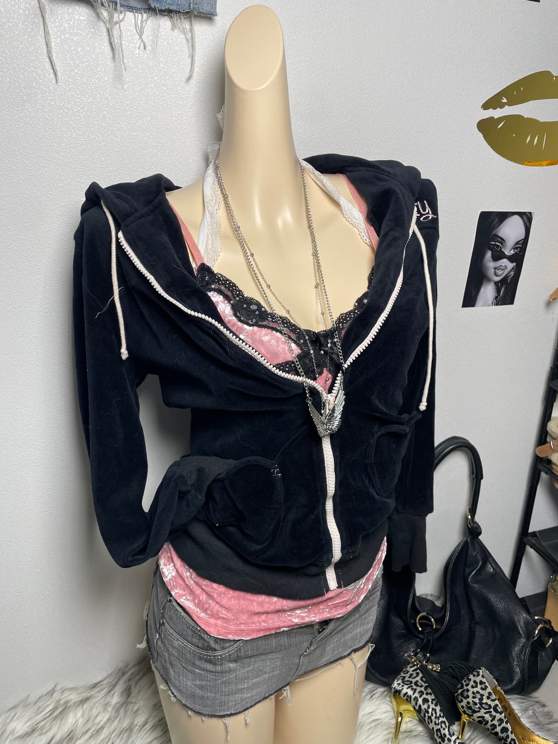 갸루 러블리 블랙 핑크 벨벳 후드집업 상품이미지2