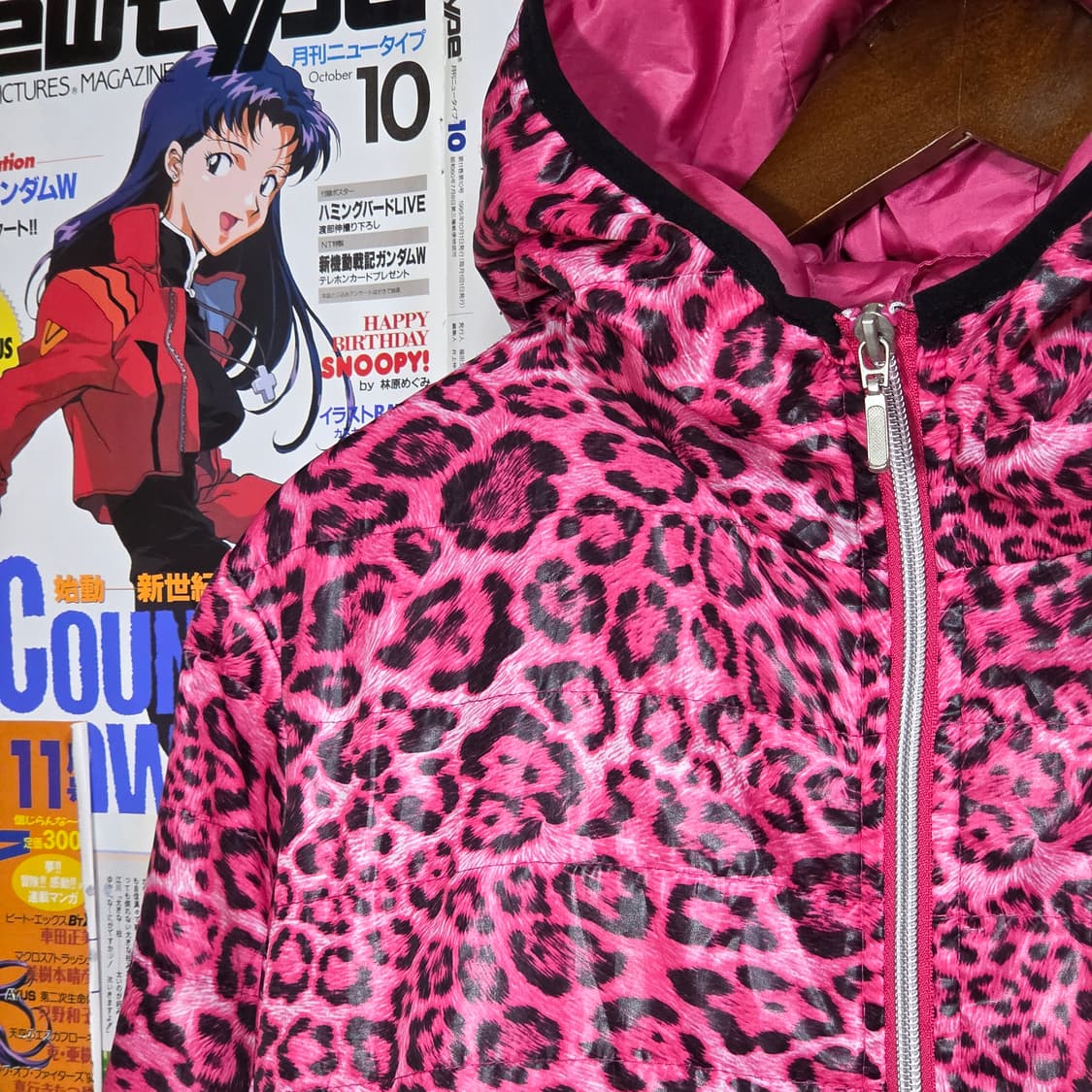 JPN 갸루 핑크 호피 후드 누빔 바람막이 상품이미지3