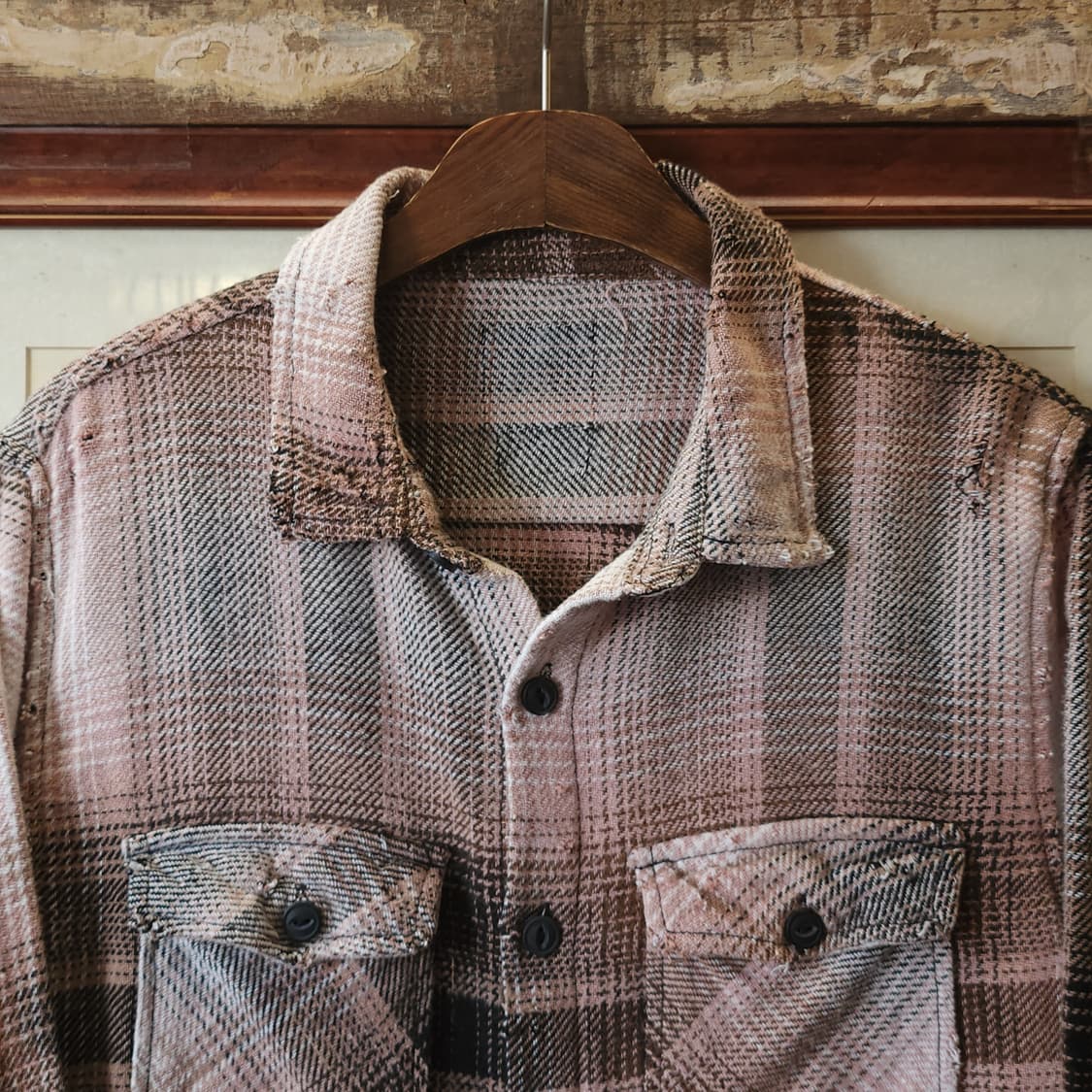 90s 빈티지 체크셔츠 헤비 플란넬 워크셔츠 썬페이딩 핑크 블랙 m 상품이미지3