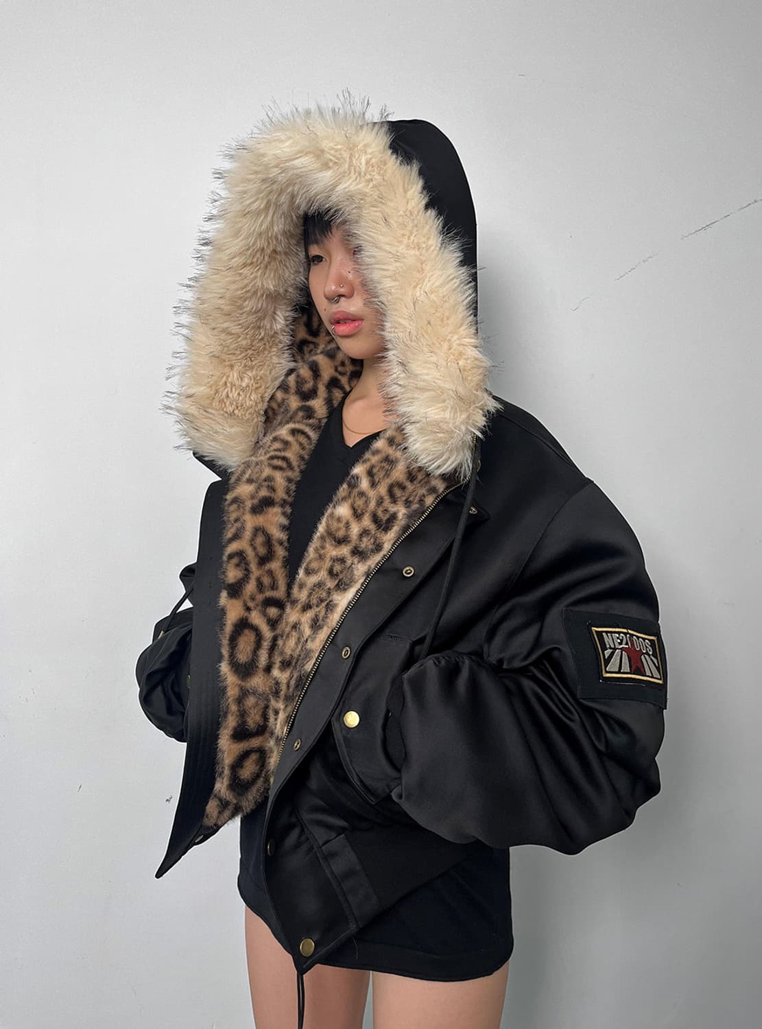 Leopard Pattern Fur Hooded Jacket 상품이미지3