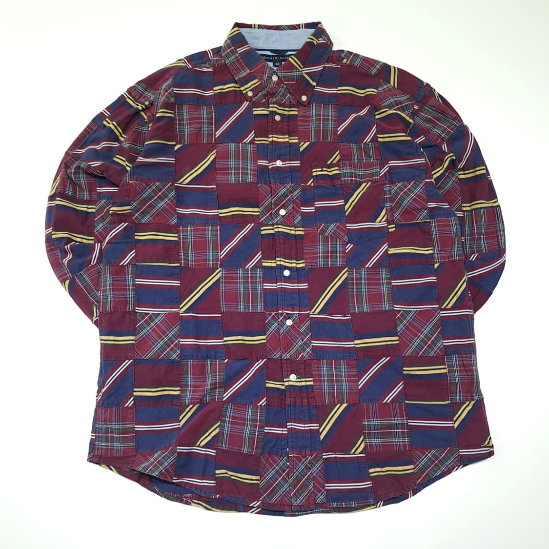 CK041 L 타미힐피거 90s 버건디 네이비 패치워크 셔츠 남방 상품이미지1