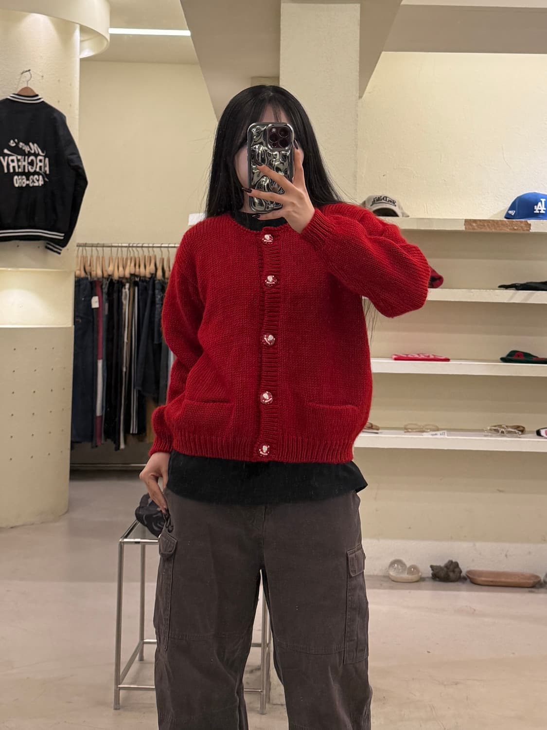 핑크하우스 레드 백 포인트 니트 가디건 U1690 상품이미지1