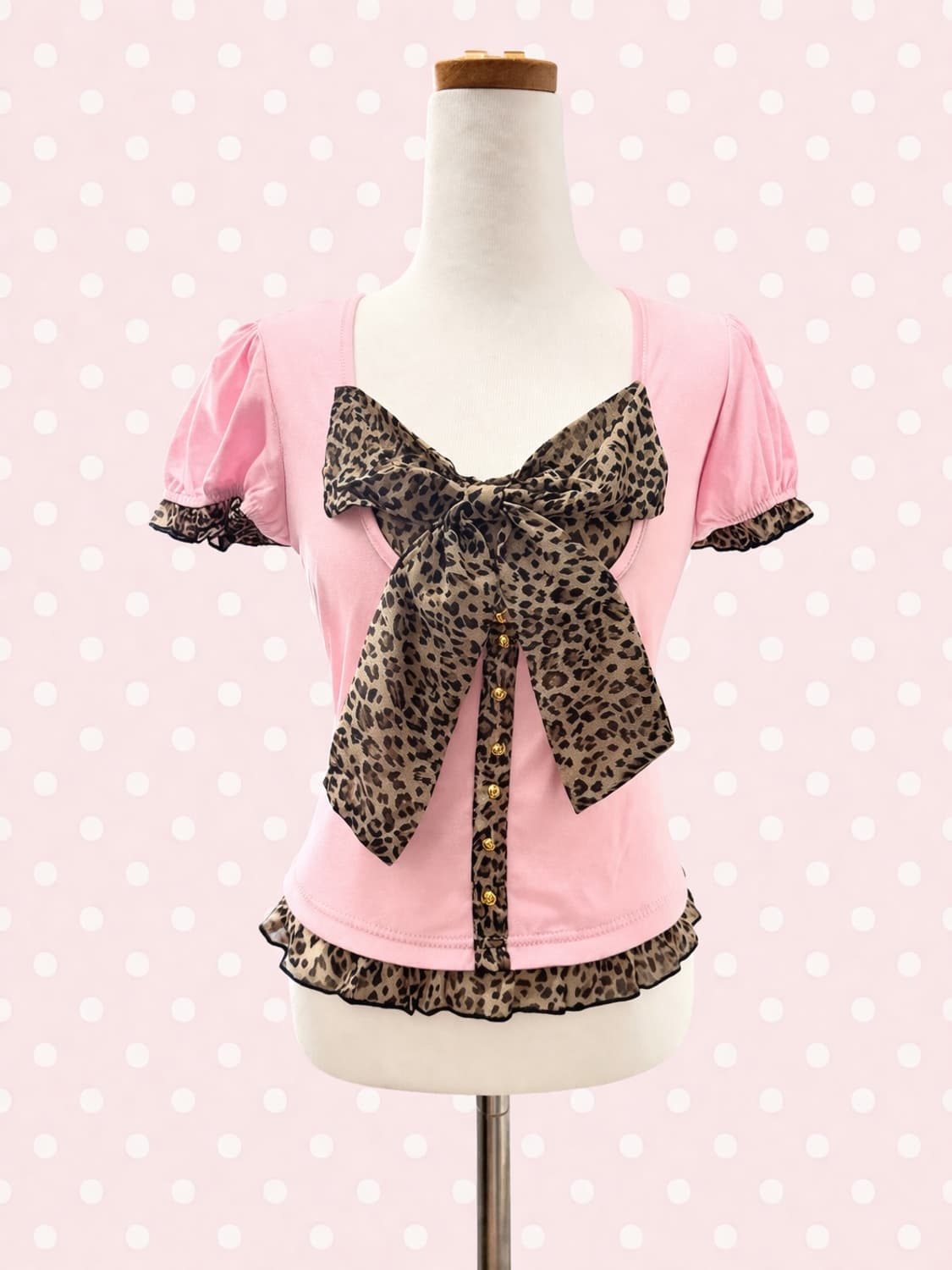 로걀 히메갸루 레오파드 핑크 리본 반팔 상품이미지1