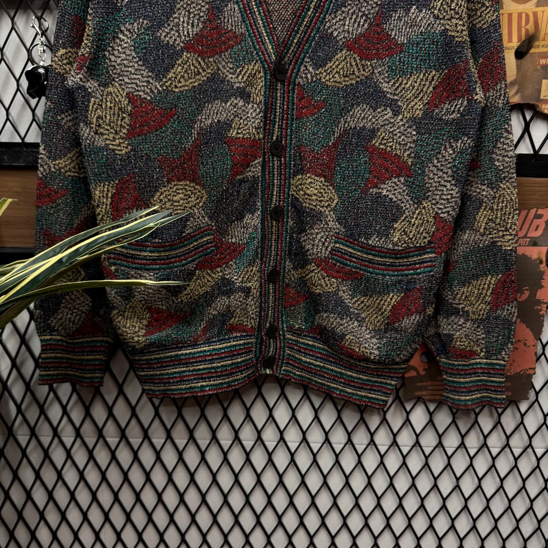 90s 미쏘니 스포츠 니트 가디건 멀티컬러 자가드 패턴 카키 상품이미지4