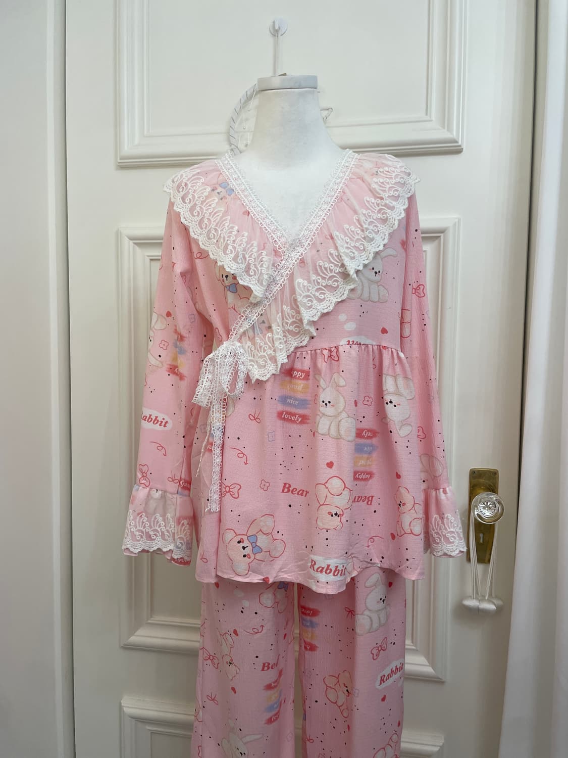 pink lace point bear print pajama set 상품이미지5
