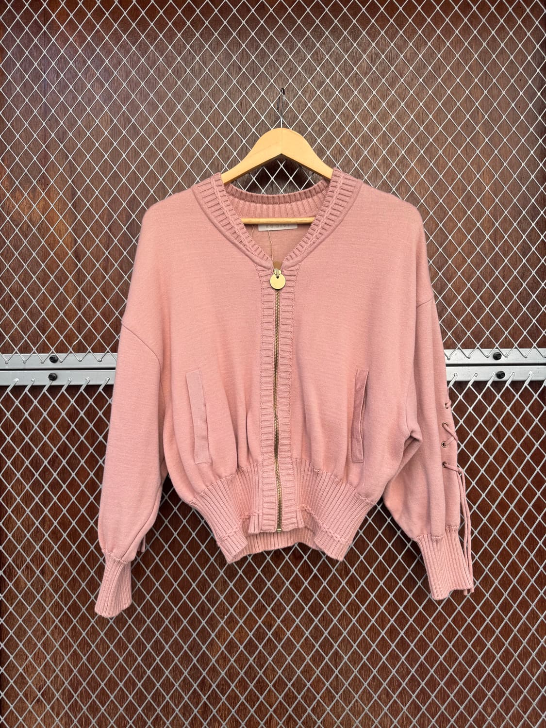 에고이스트 빈티지 스트랩 사선끈 핑크 벌룬 니트집업 가디건 F 상품이미지2