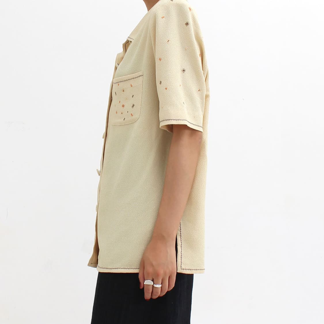 일본빈티지 옐로우 스티치 자수 반팔 블라우스 상품이미지8