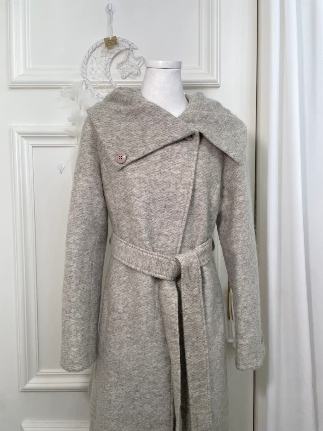 beige gray diagonal belt midi coat 상품이미지5