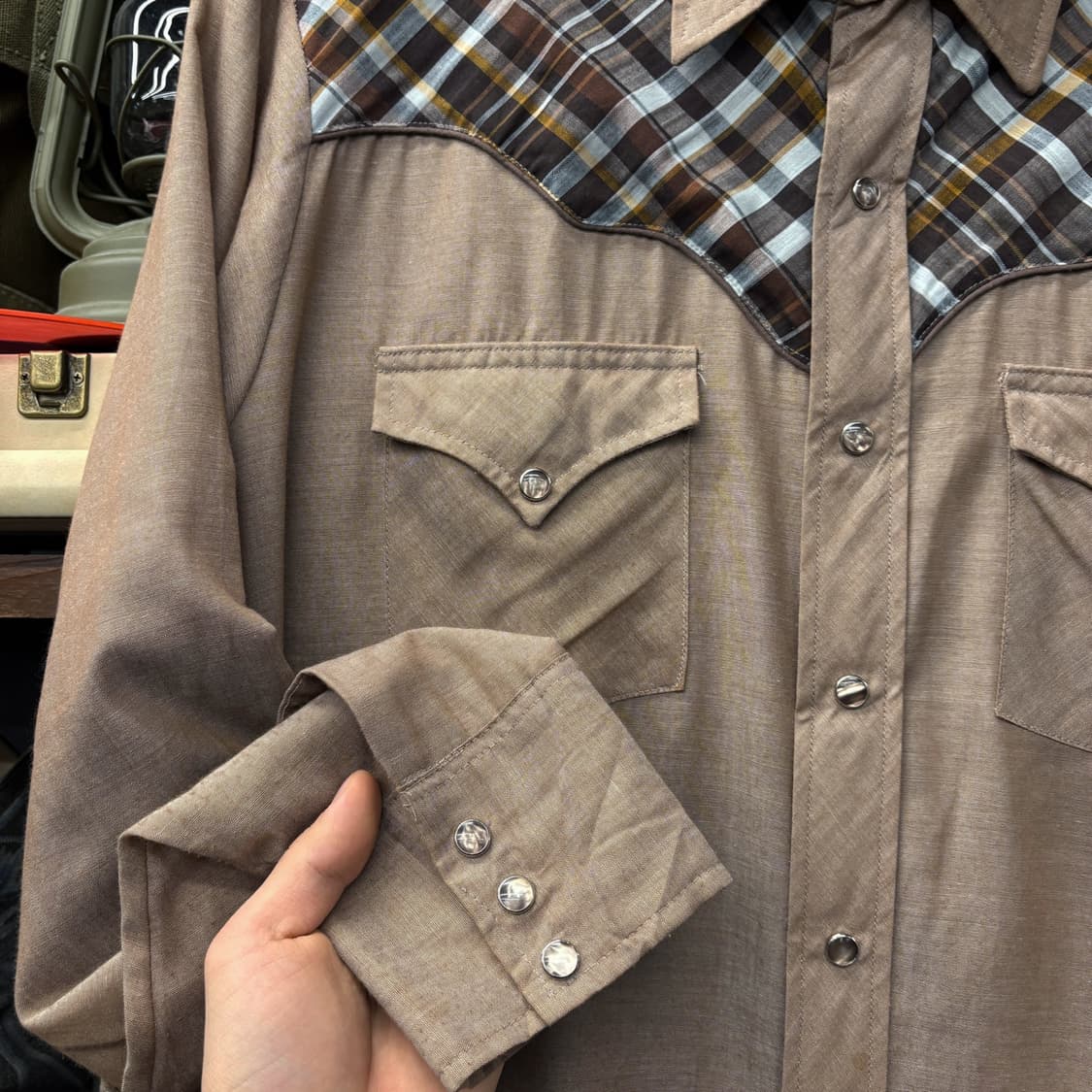 70s Sears 시어스 타탄체크 숄더패드 요크컷 웨스턴 셔츠 N596 상품이미지4