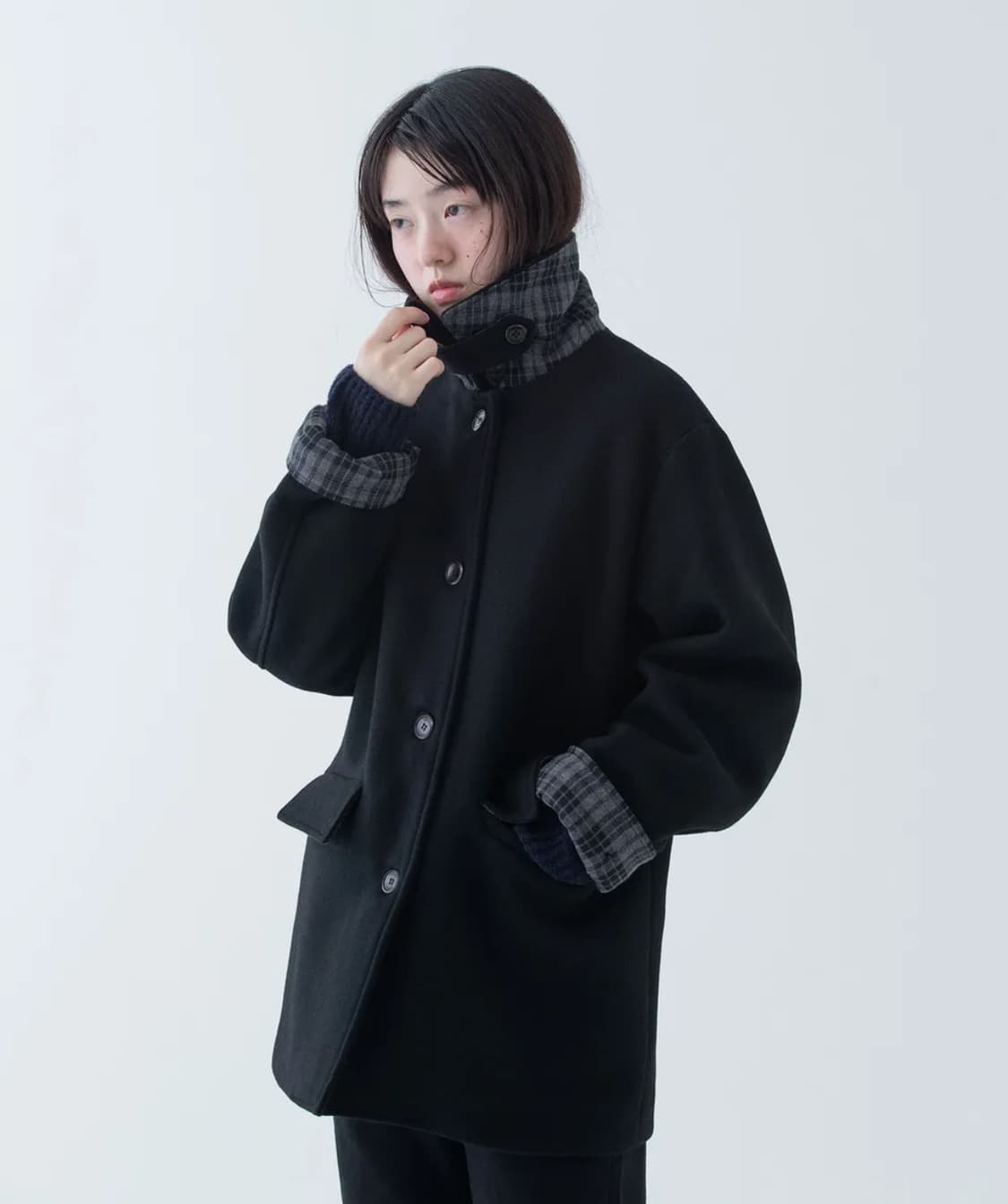 CHECK HALF WOOL COAT, BLACK 상품이미지1