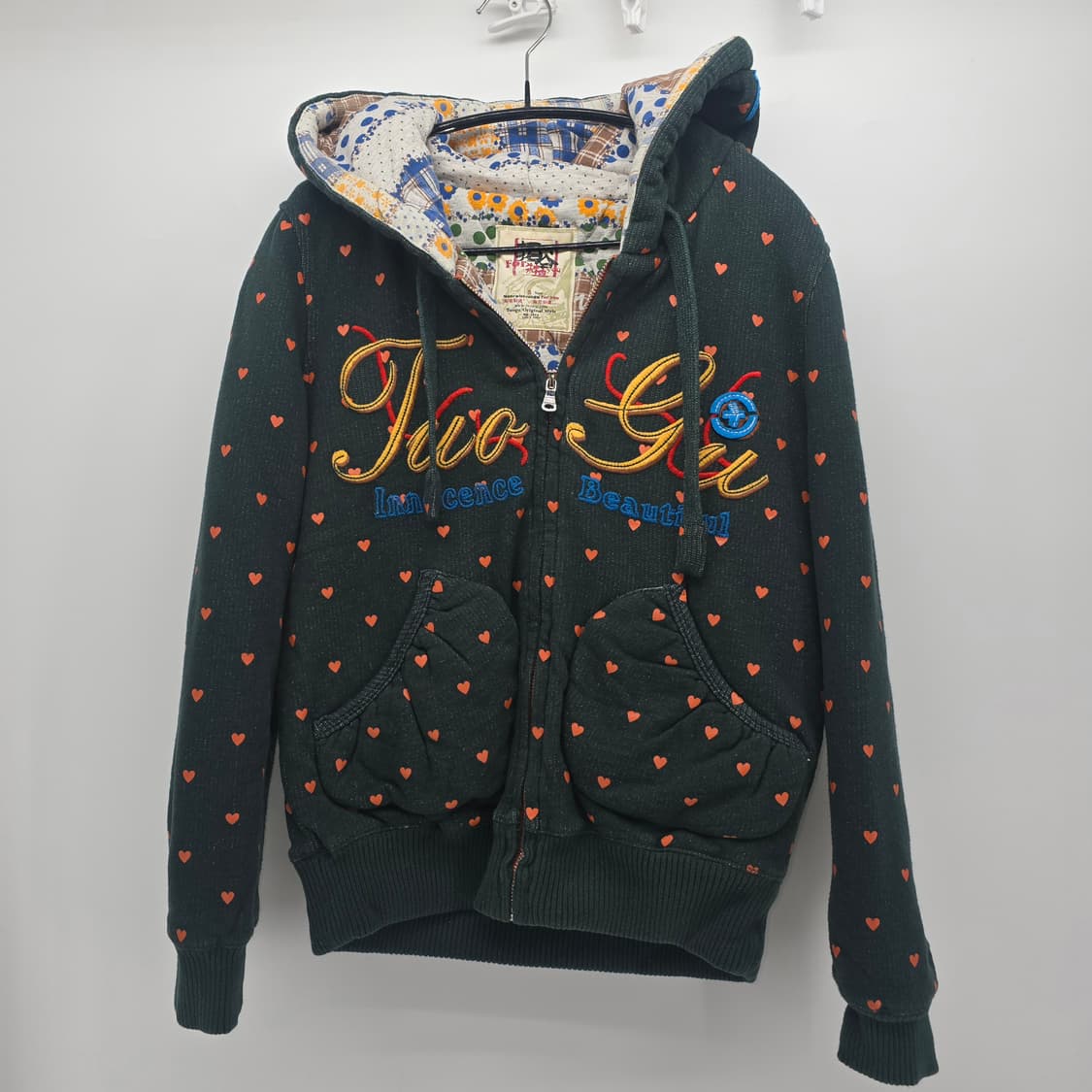 딥 그린 하트 패턴 후드 집업 상품이미지1