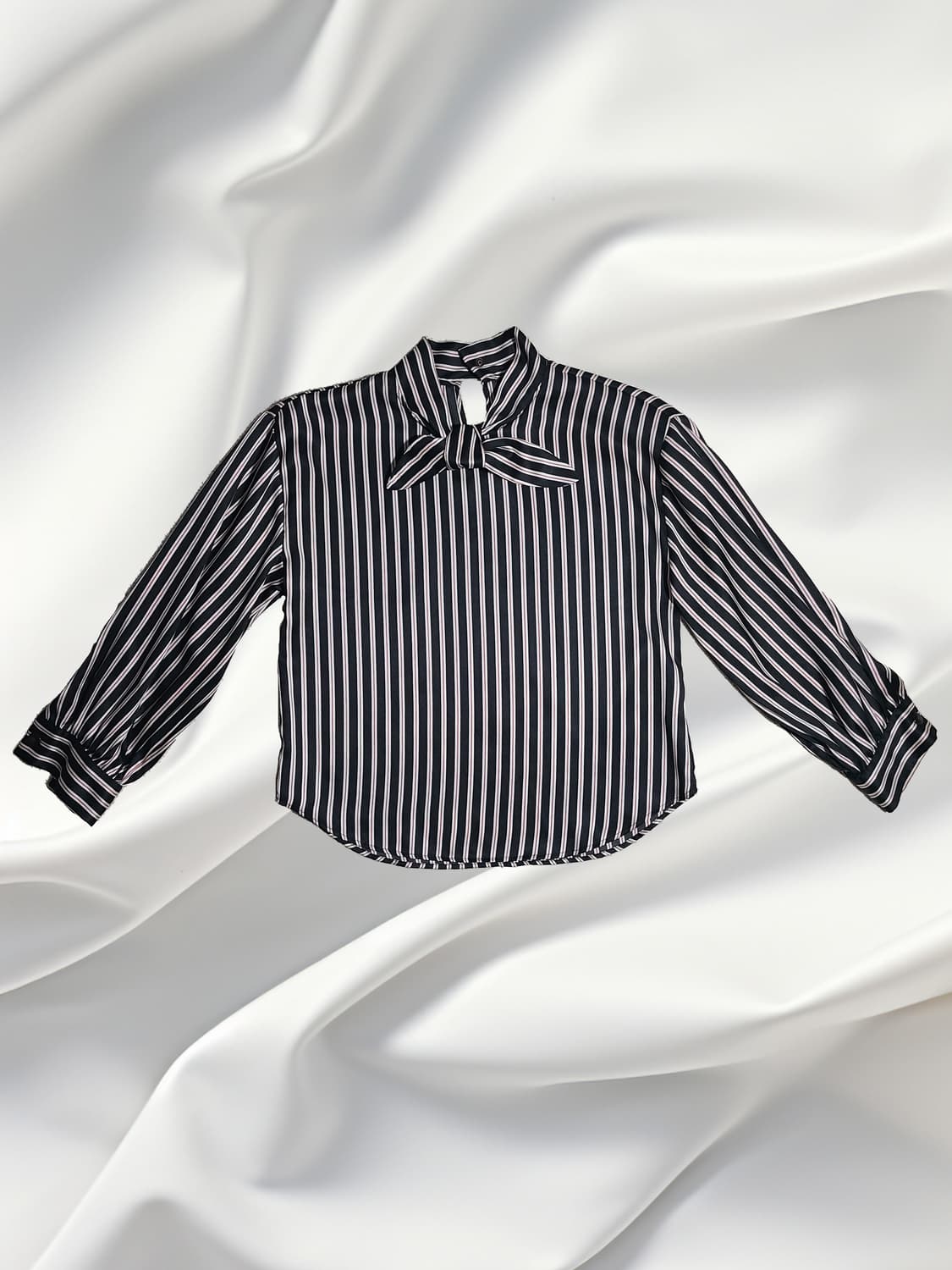 ZARA BASIC 자라 하이넥 리본 타이 스트라이프 블라우스 (S) 상품이미지1