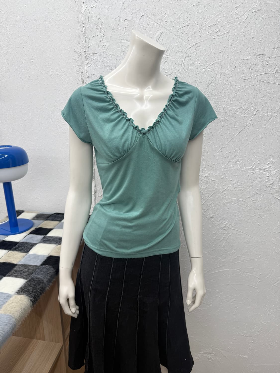 빈티지 민트 셔링 비즈 블라우스 상품이미지1