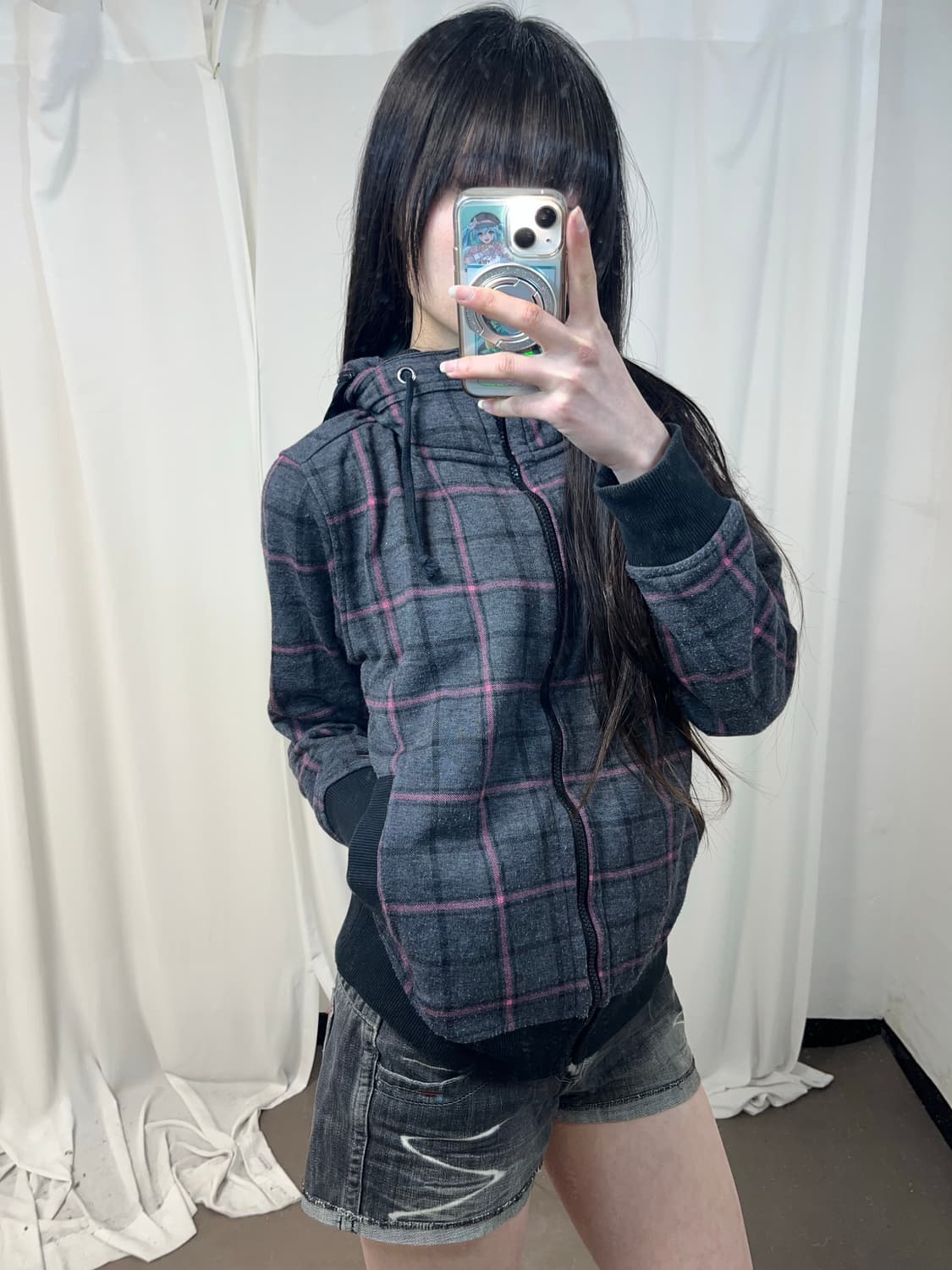 니혼진 핑크 체크 패턴 하이넥 후드집업 상품이미지5