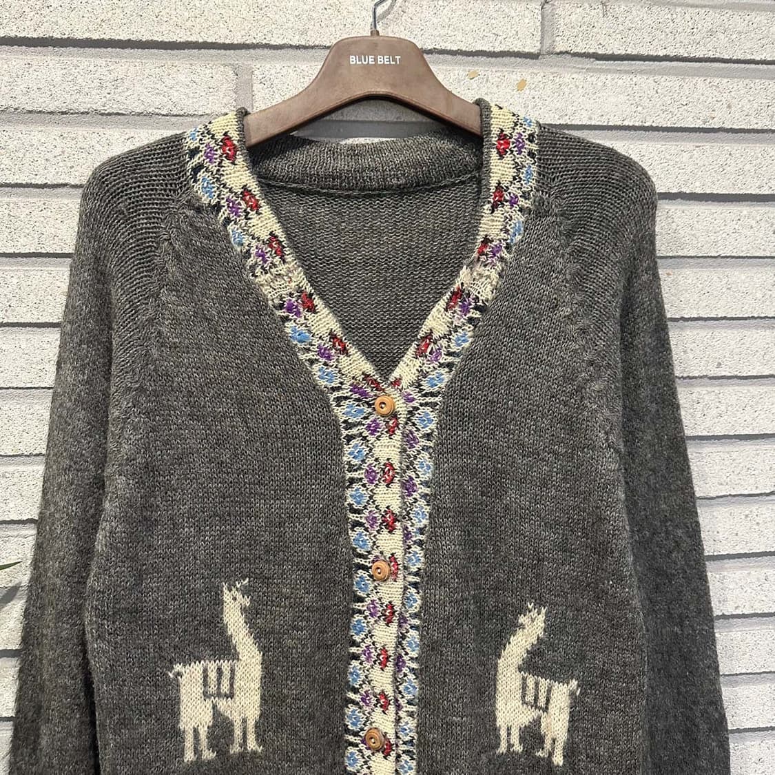 JPN VINTAGE 니트 가디건 플로럴 자카드 라마 패턴 디테일 그레이 상품이미지3