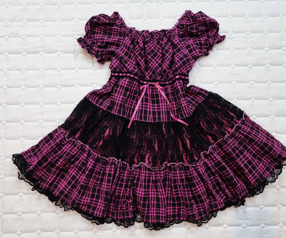 핑크 체크 블랙 레이스 고스로리 원피스 상품이미지6