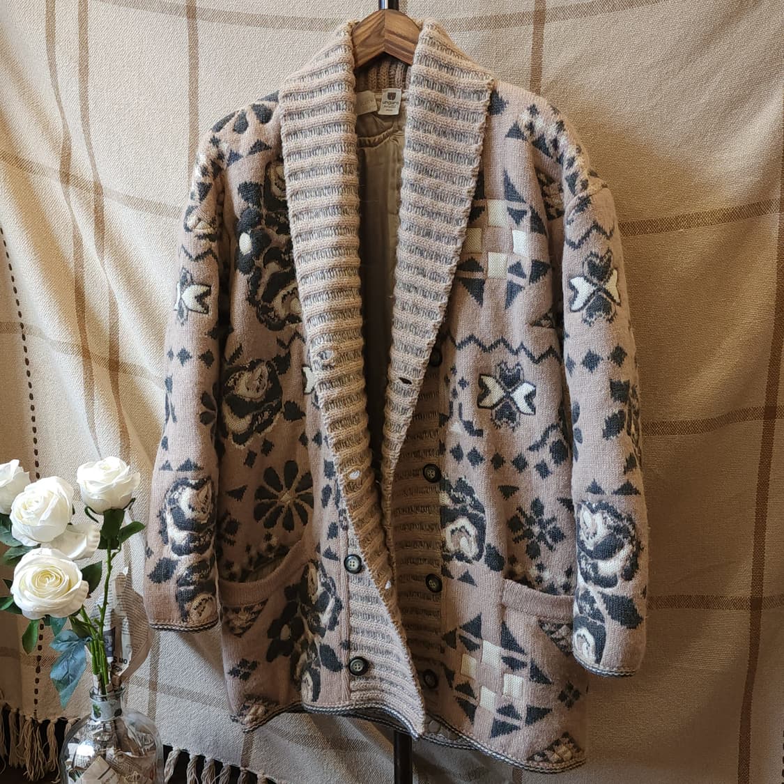 90s 웅가로 인디핑크 로즈 패턴 오버사이즈 숄카라 니트 자켓 L 상품이미지1