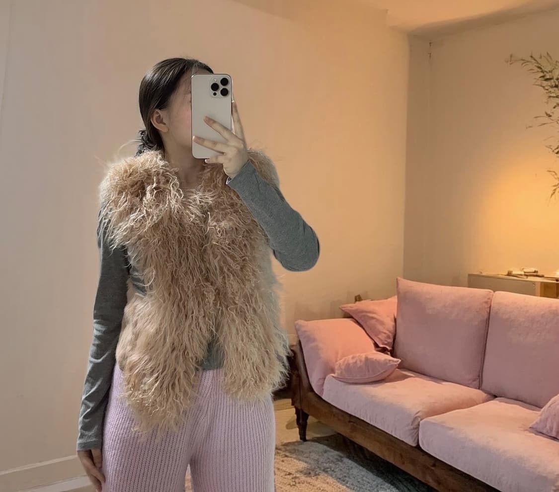 빈티지 샴핀 오랜지 핑크 양털 토스카나 +토끼털 조끼 베스트 상품이미지4