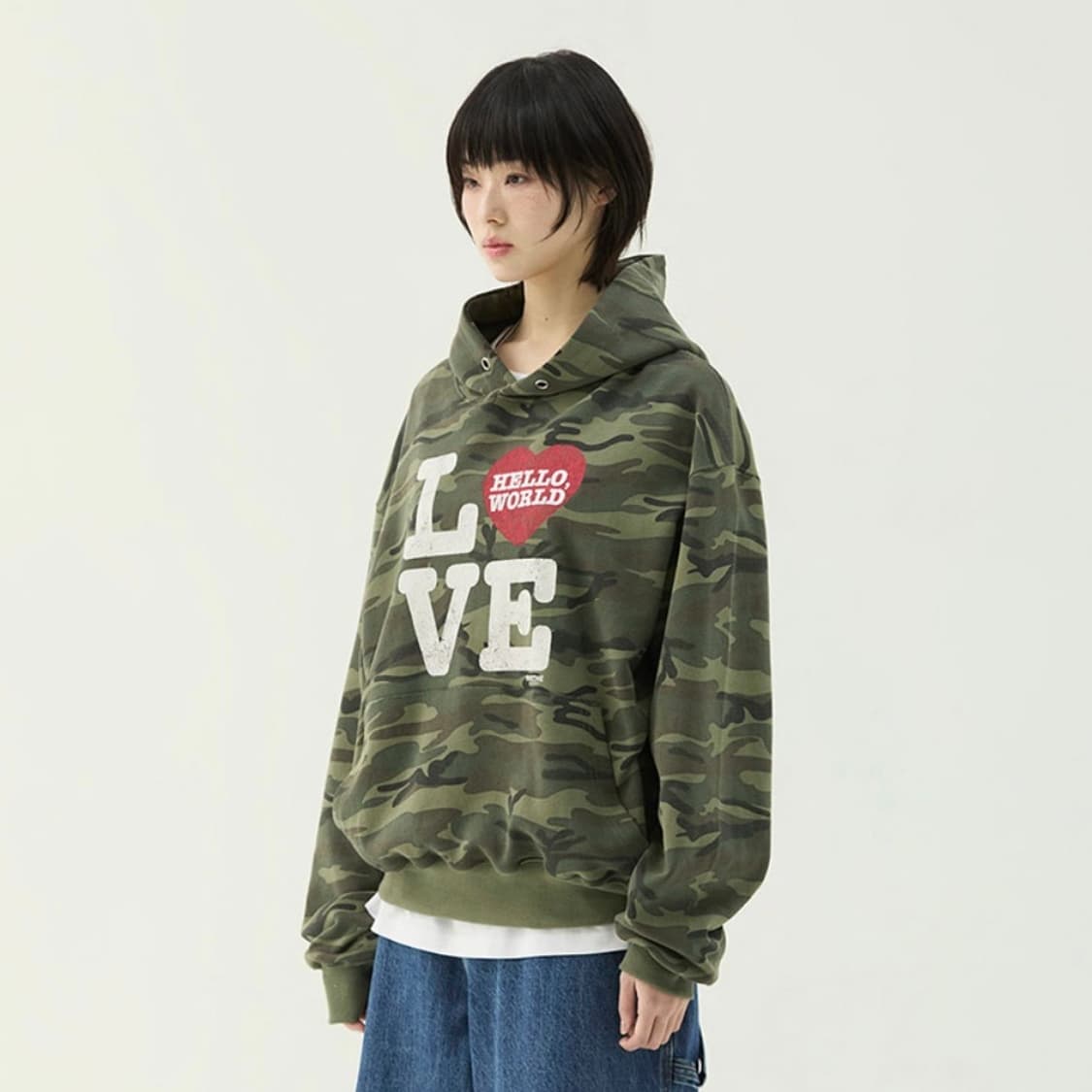 밈더워드로브 헬로 월드 LOVE 후드티_카모 상품이미지3