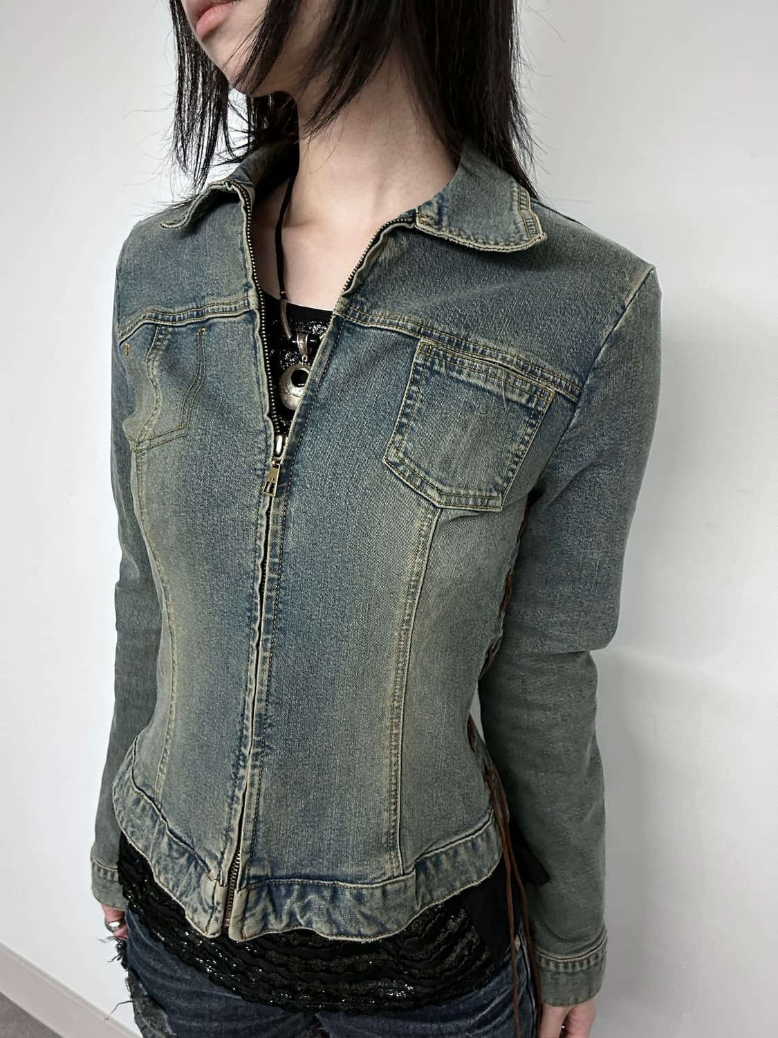 VIKI Side Eyelet Lace-Up Trucker Zip Jk 상품이미지2