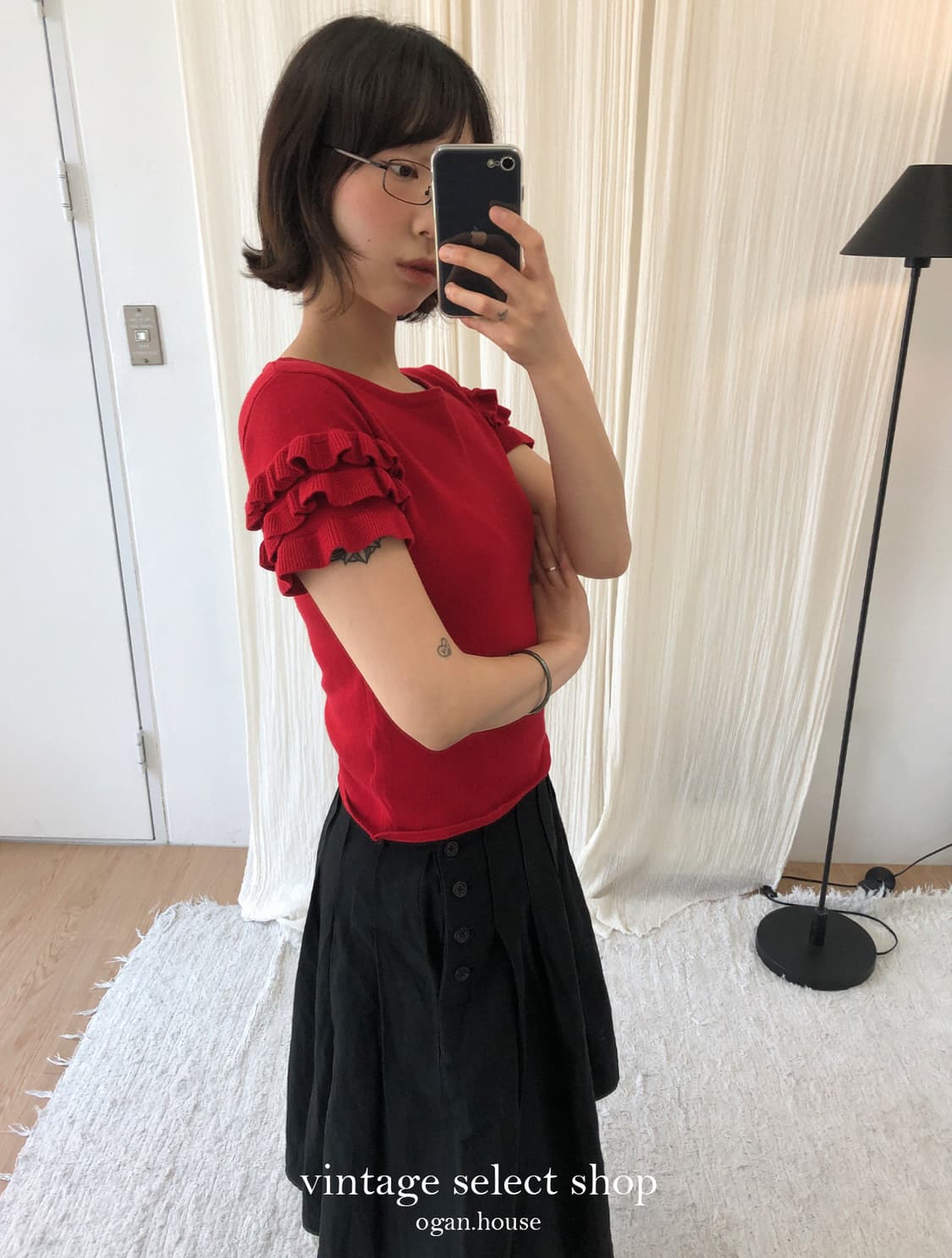 vintage red frill sleeve top 상품이미지1