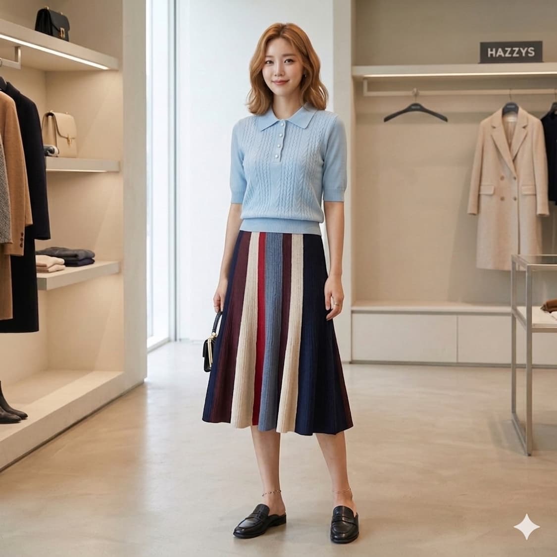 🌸가격인하 | 헤지스 니트 플리츠 미디 스커트 55-66 | 배색 스트 상품이미지3