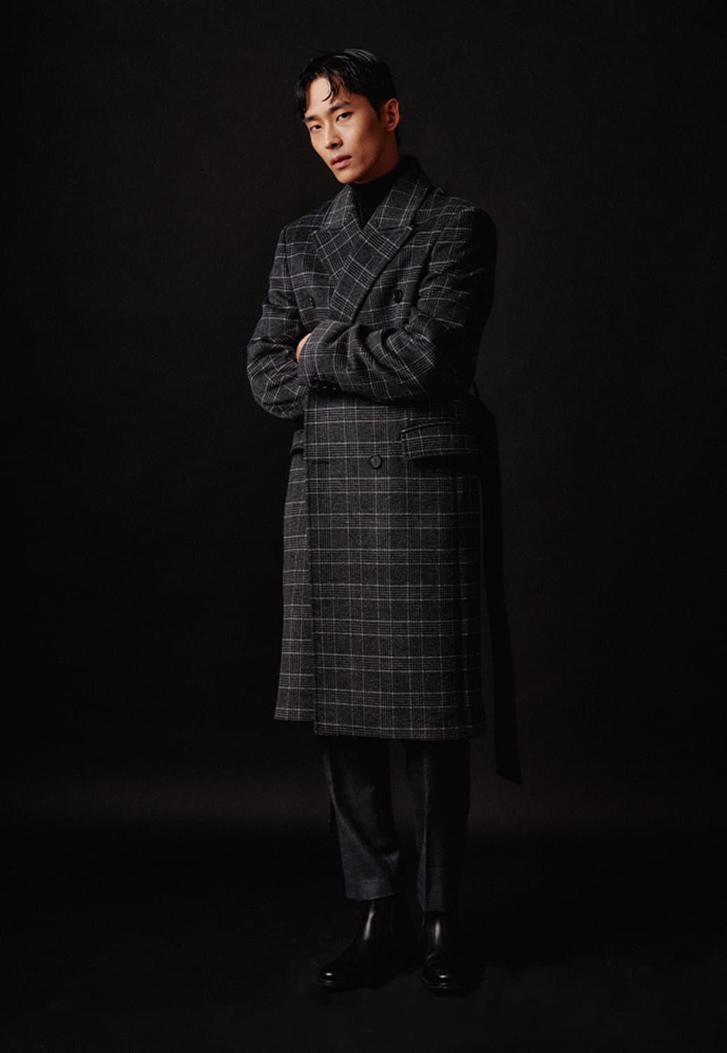 토니웩 크루도 체크 더플 벨트 롱코트 그레이 체크 XL 52 상품이미지5