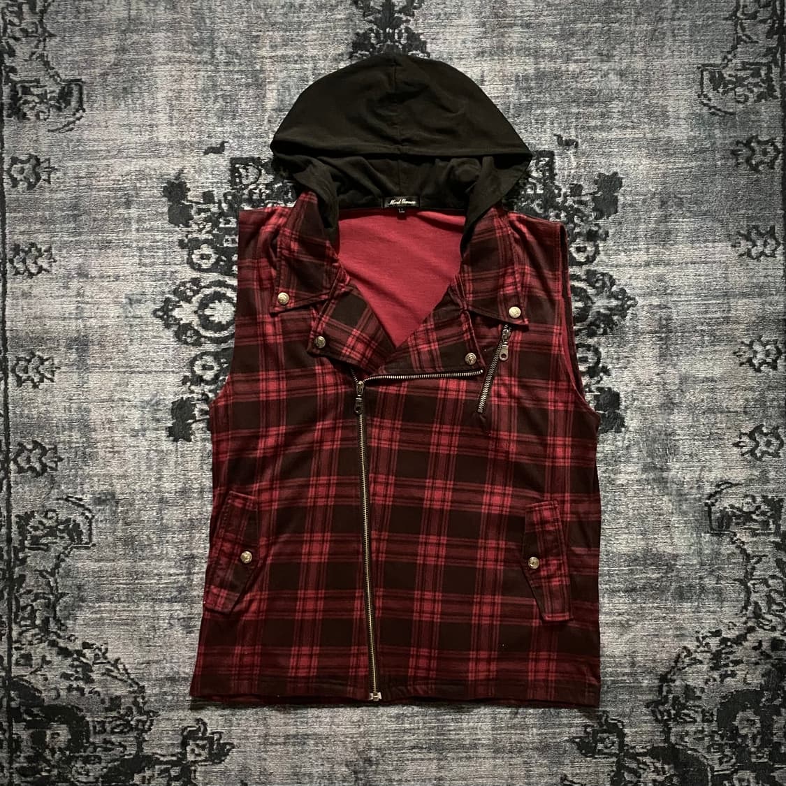 Red Check Punk Hoodie Vest 상품이미지1