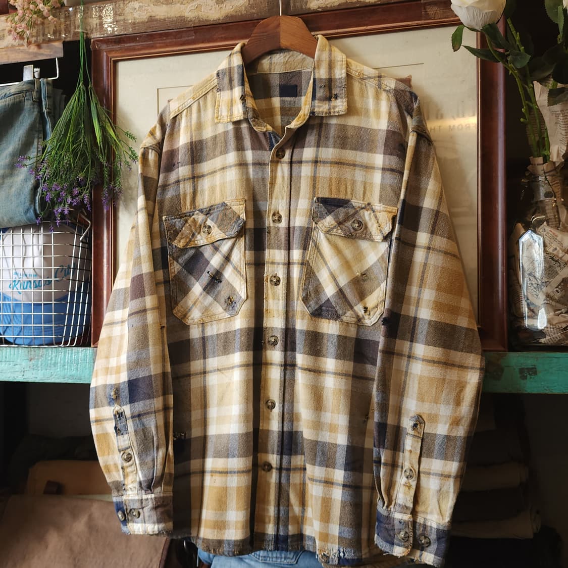 90s 빈티지 체크셔츠 헤비 플란넬 워크셔츠 썬페이딩 옐로우 L 상품이미지2