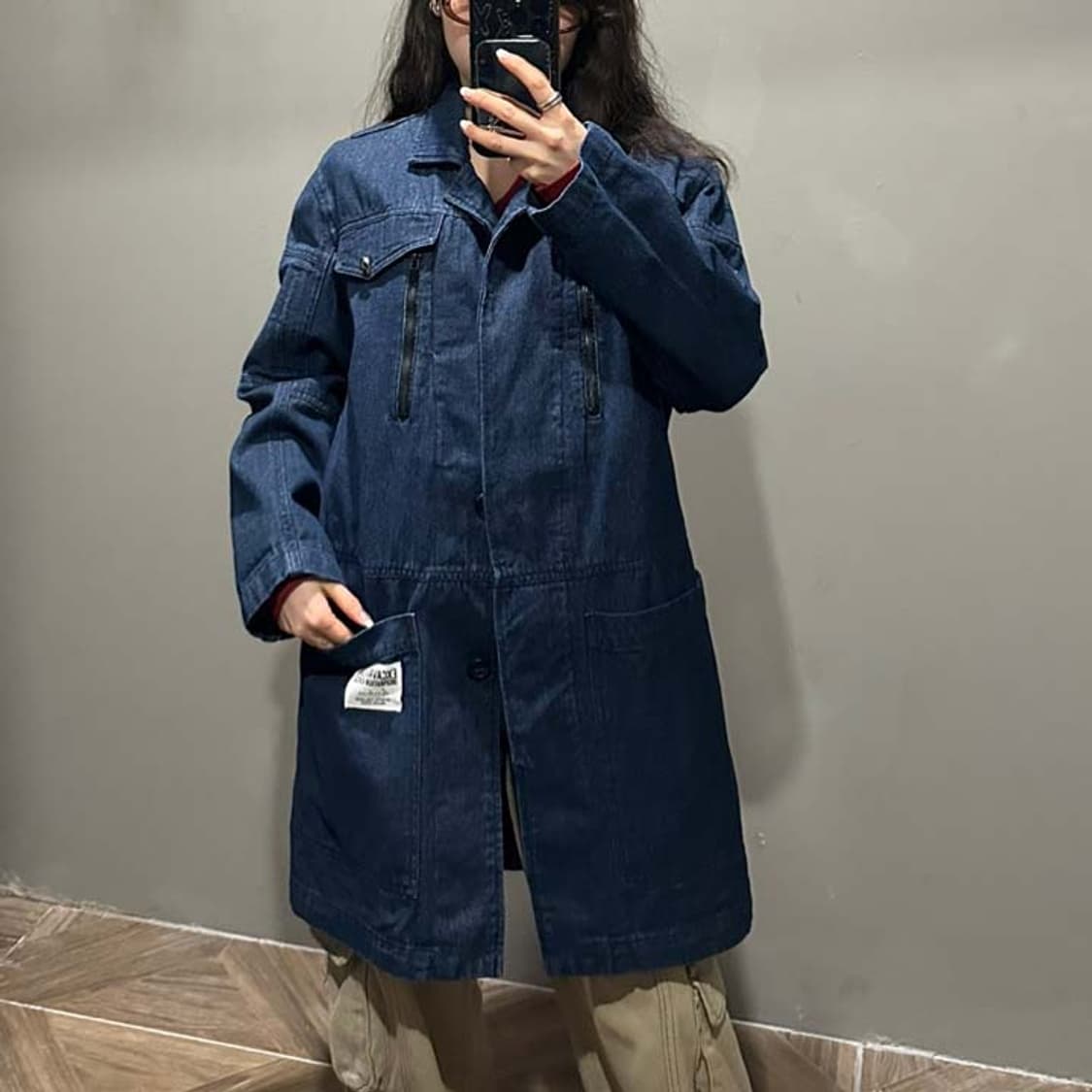 EVISU 에비수 데님 워크 미디 자켓 멀티 포켓 앞면 패치 디테일 진청 상품이미지6